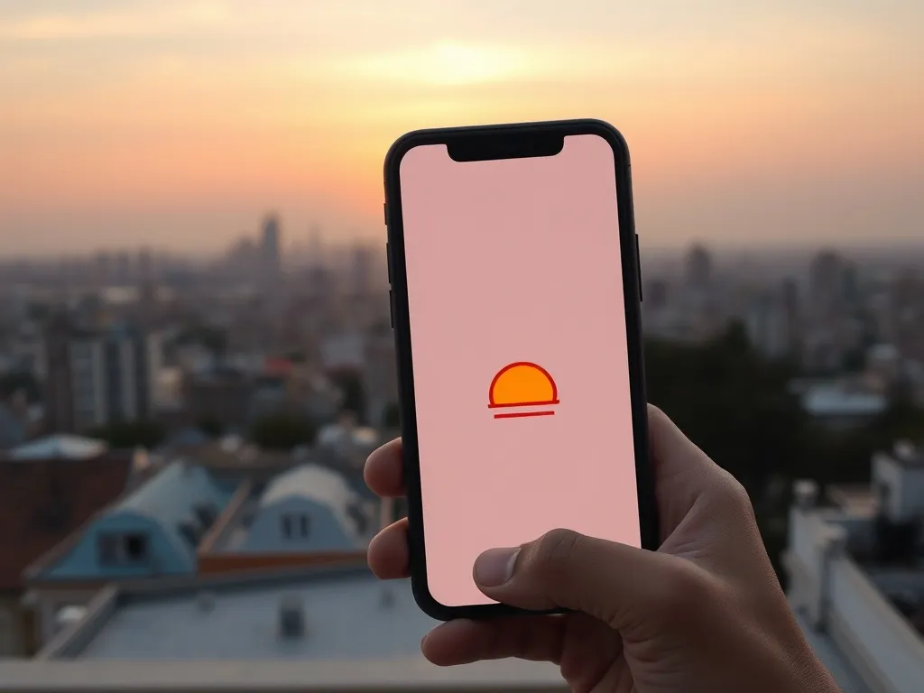 Osoba sprawdza godzinę zachodu słońca w smartfonie, na tle panoramy miasta w ciepłym, wieczornym świetle.