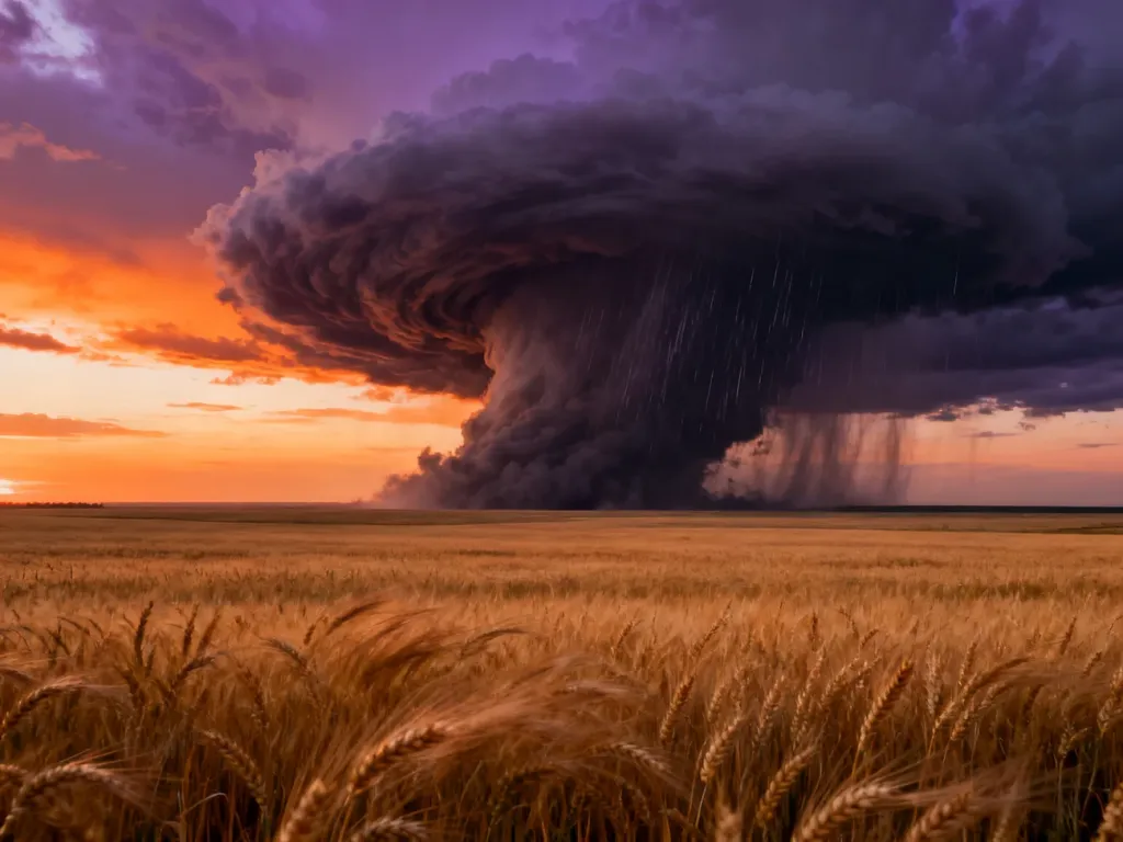 Potężna superkomórka burzowa nad polem pszenicy podczas zachodu słońca, obrazująca siłę zjawisk atmosferycznych.