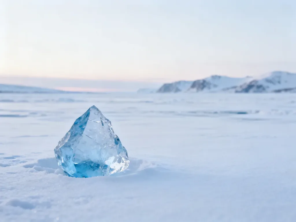 Bezkresna, zaśnieżona tundra z pojedynczą bryłą błękitnego lodu na pierwszym planie i górami w tle.