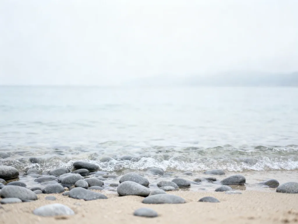 Spokojne wybrzeże Bałtyku z przejrzystą wodą obmywającą szare kamienie na piaszczystej plaży.