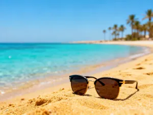 Piaszczysta plaża na Wyspach Kanaryjskich z turkusową wodą i okularami przeciwsłonecznymi na leżaku w słoneczny dzień.