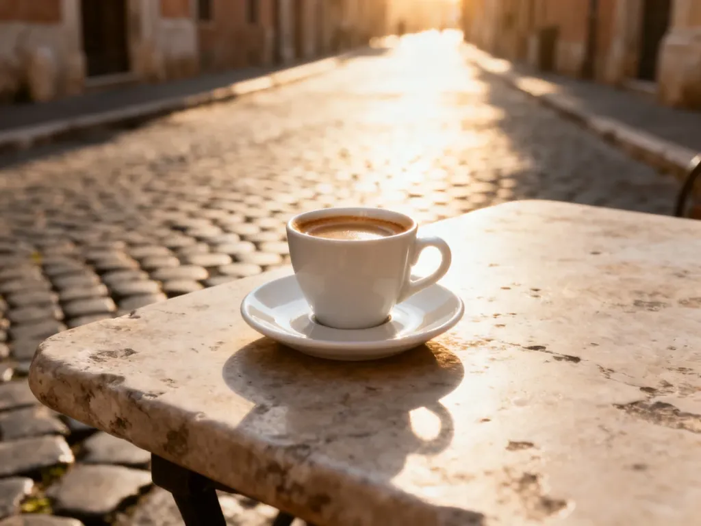 Filiżanka espresso na kamiennym stoliku z widokiem na słoneczną, rzymską uliczkę w ciepłym świetle dnia.