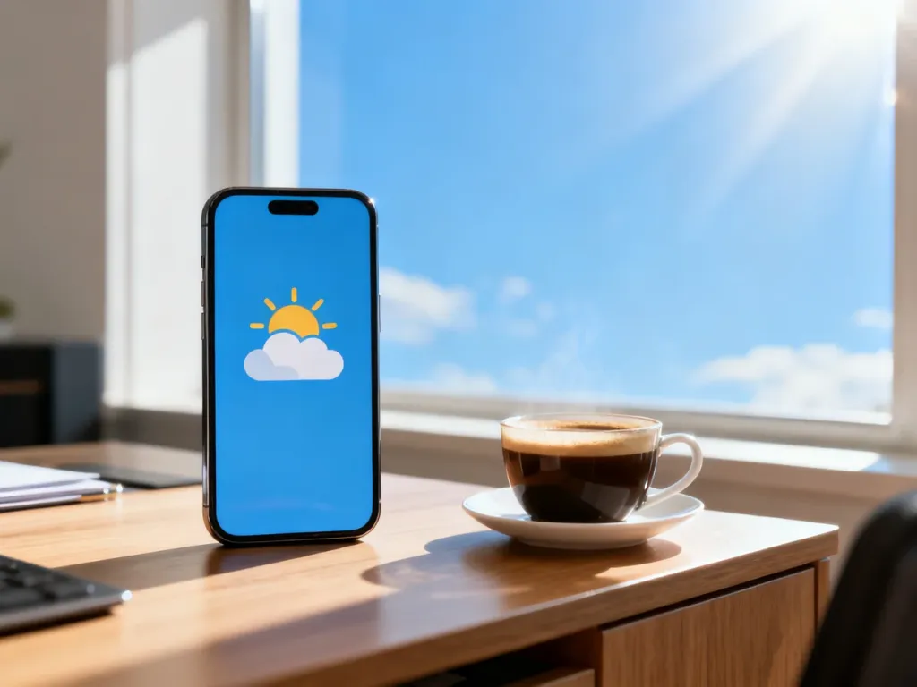Smartfon z ikoną pogody na drewnianym biurku przy kawie, ilustrujący korzystanie z norweskiej prognozy w Szczecinie.