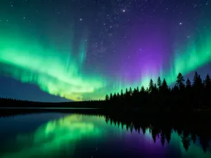 Zielona i fioletowa zorza polarna tańcząca nad ośnieżonymi górami i zamarzniętym jeziorem pod rozgwieżdżonym niebem.