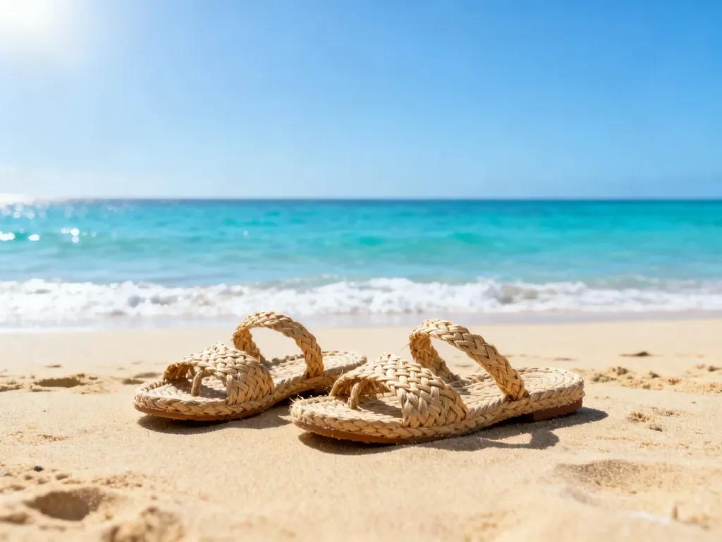 Piaszczysta plaża z sandałami nad turkusowym oceanem na Wyspach Zielonego Przylądka w słoneczny lutowy dzień.