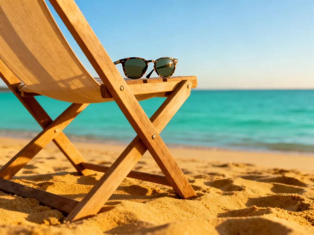 Słoneczna plaża na Cyprze z okularami przeciwsłonecznymi na leżaku, podkreślająca przyjemną aurę jesienią.
