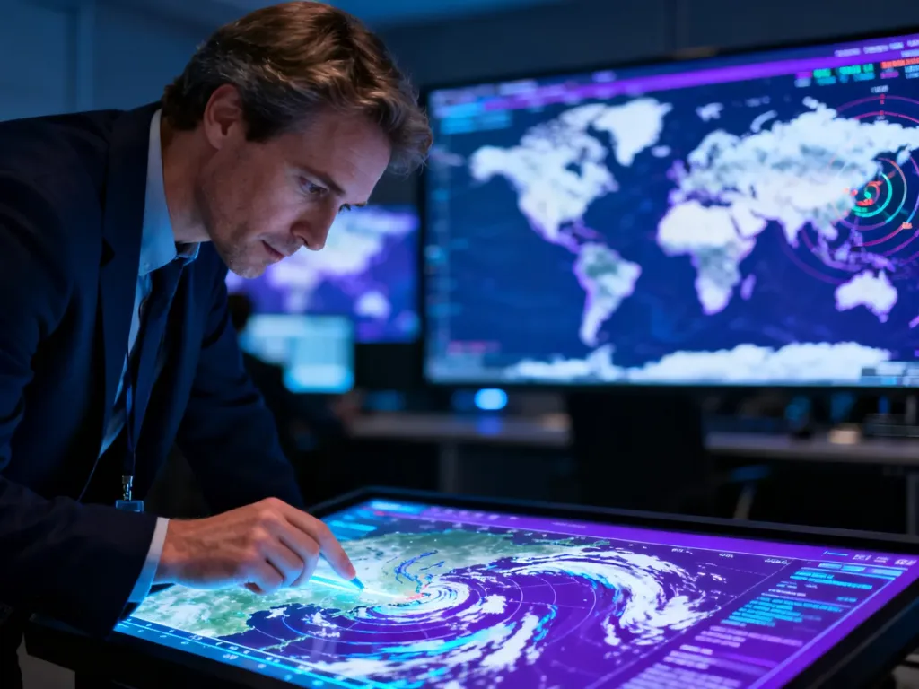 Meteorolog analizujący zaawansowaną mapę satelitarną pogody na interaktywnym ekranie w nowoczesnym centrum monitoringu.