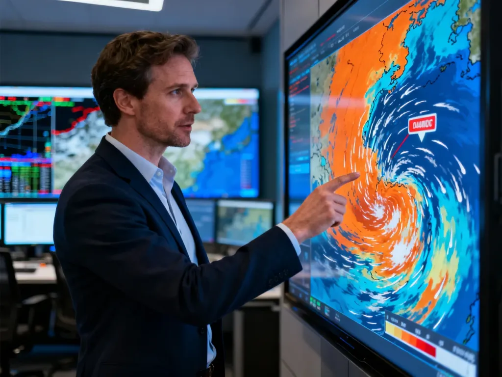 Meteorolog wskazuje na ekranie mapy pogodowe z ostrzeżeniami w nowoczesnym centrum prognozowania pogody.