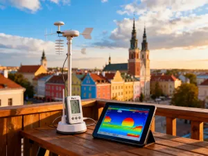 Mężczyzna sprawdza na tablecie mapę radarową z prognozą opadów, patrząc przez okno na pochmurne, deszczowe niebo.