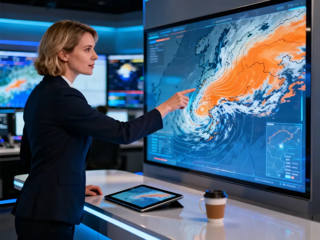 Meteorolog prezentuje prognozę pogody na interaktywnej mapie w nowoczesnym centrum monitoringu atmosferycznego.