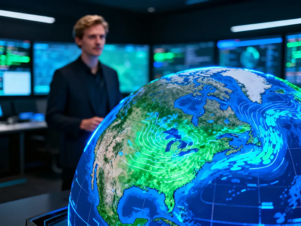 Cyfrowa mapa opadów wyświetlana na ekranie radaru pogodowego w nowoczesnym centrum meteorologicznym.