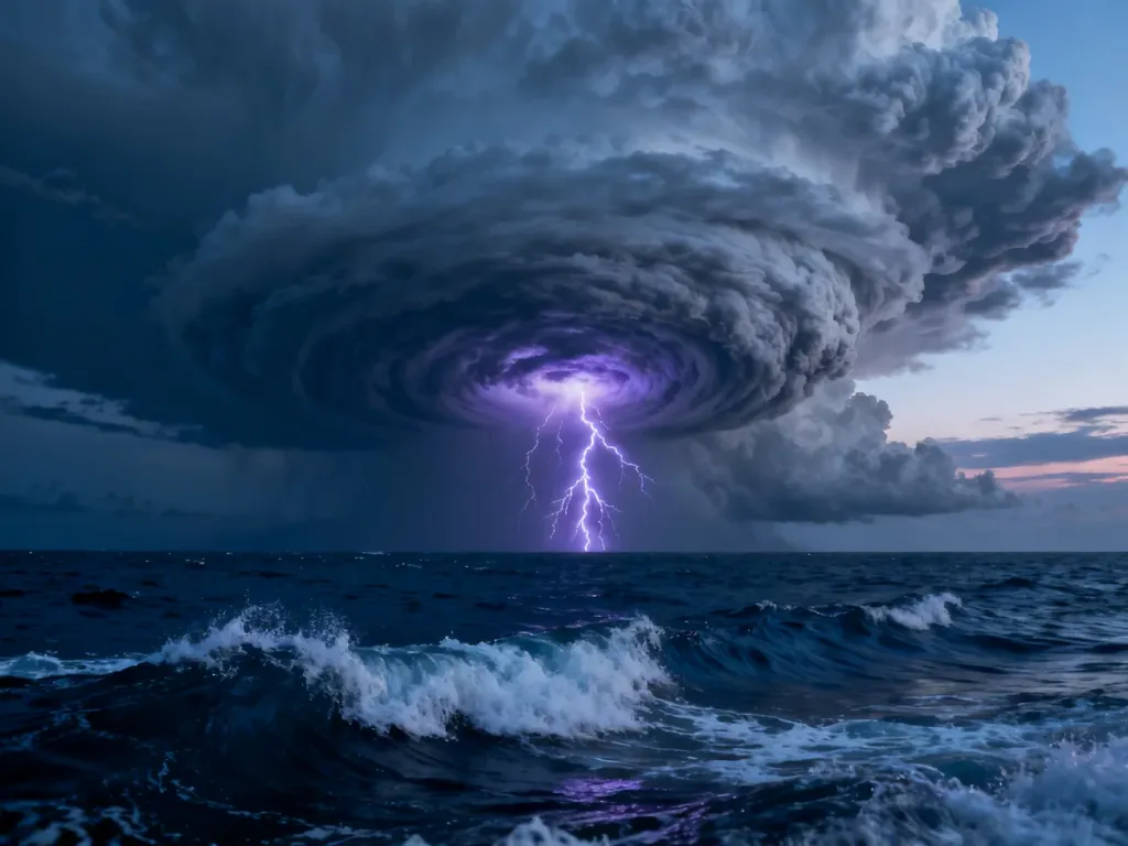 Potężna burza tropikalna nad wzburzonym oceanem z widocznymi wyładowaniami atmosferycznymi wewnątrz chmury burzowej.