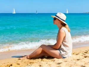 Słoneczna plaża na Cyprze z leżakiem, okularami przeciwsłonecznymi i orzeźwiającą lemoniadą przy turkusowym morzu.