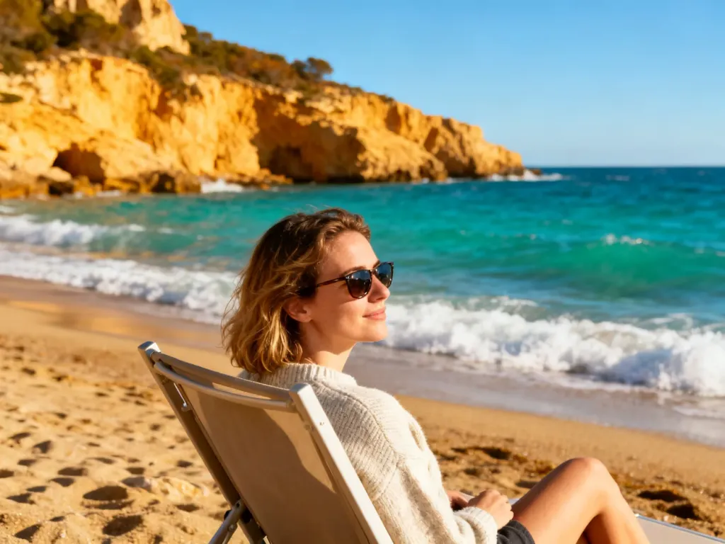 Kobieta wypoczywająca na leżaku na słonecznej plaży Costa Brava w październiku, z widokiem na turkusowe morze.