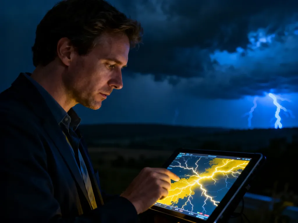 Meteorolog analizujący mapę wyładowań atmosferycznych na tablecie na tle burzowego nieba.