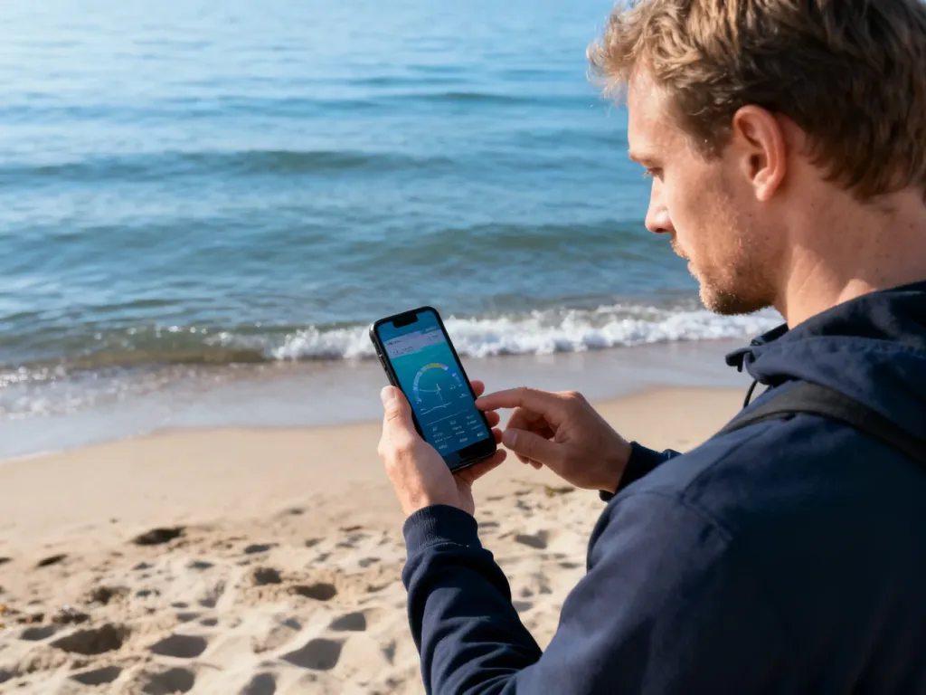 Mężczyzna na piaszczystej plaży sprawdza na smartfonie aktualną temperaturę wody w Bałtyku.