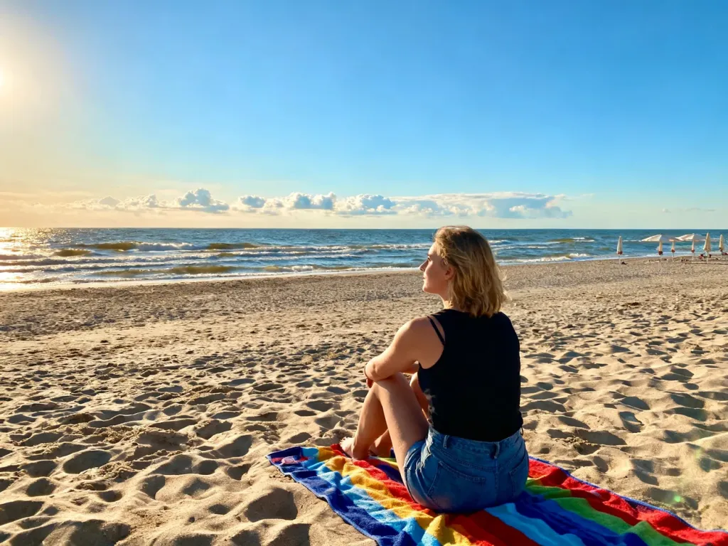 Kobieta siedząca na plaży we Władysławowie, patrząca na spokojne morze w słoneczny, letni dzień.