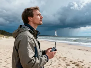 Kobieta wypoczywająca na leżaku na słonecznej plaży Costa Brava w październiku, z widokiem na turkusowe morze.