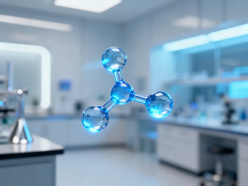 Model cząsteczki ozonu unoszący się w sterylnym laboratorium, ilustrujący naukowe podejście do badania właściwości gazu.