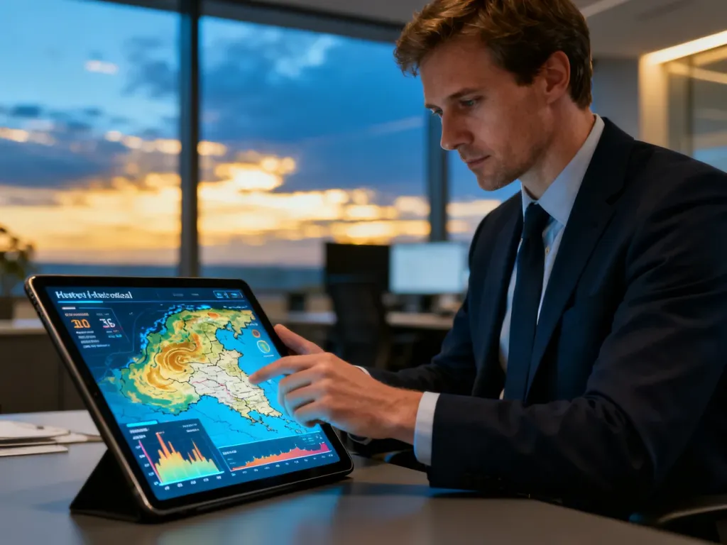 Meteorolog analizujący dane historyczne o pogodzie na tablecie z wykresami temperatur i mapami w nowoczesnym biurze.