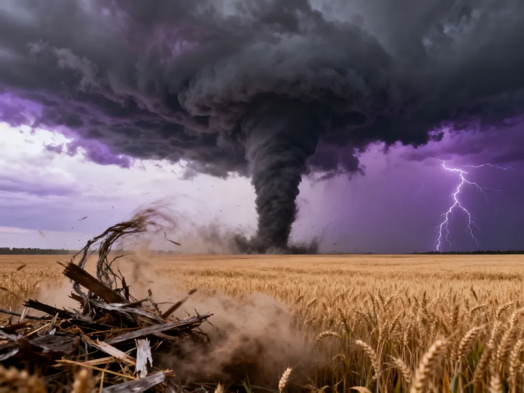 Potężne tornado uderzające w pole pszenicy pod dramatycznym, burzowym niebem z błyskawicami.