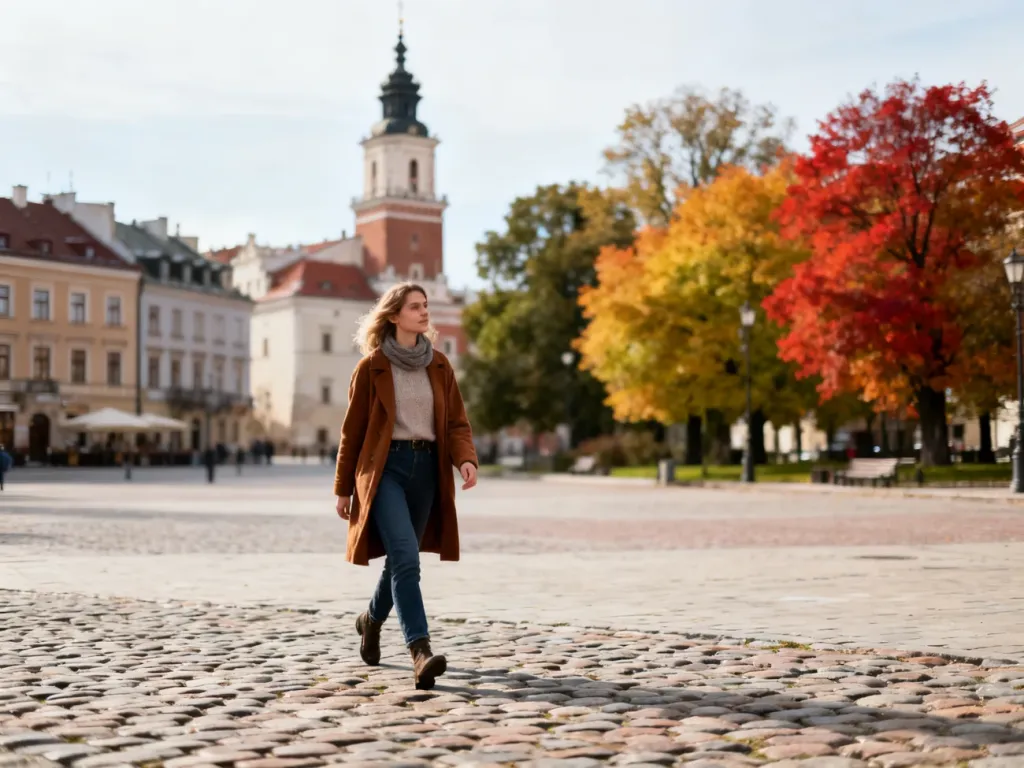 Kobieta spacerująca po zabytkowym rynku w Lublinie w różnych porach roku, ilustrująca zmienność lokalnego klimatu.