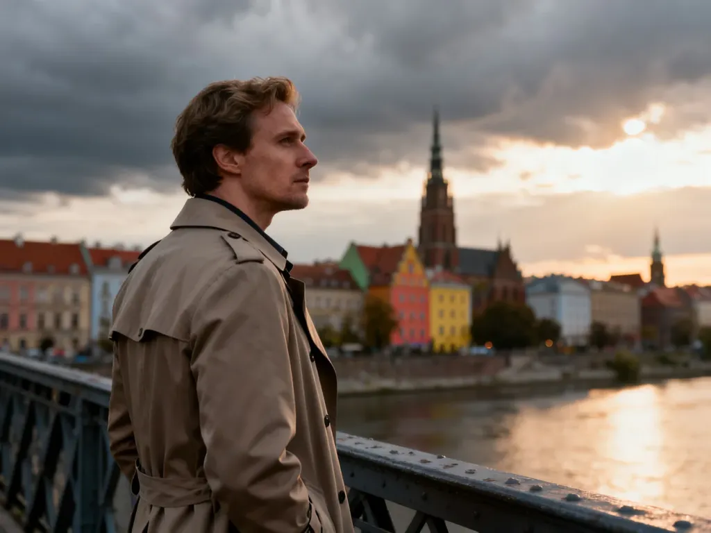 Mężczyzna w płaszczu stoi na wrocławskim moście, patrząc na panoramę miasta pod zmiennym, dramatycznym niebem.