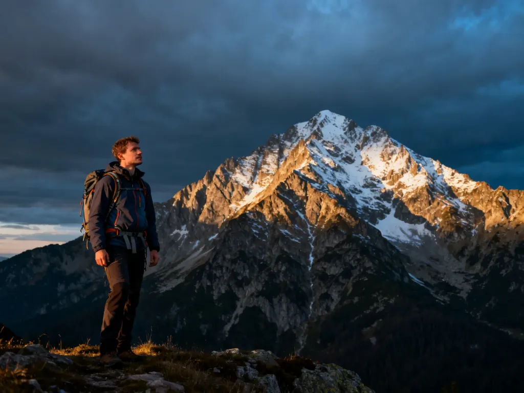 Turysta w profesjonalnym ekwipunku podziwia panoramę ośnieżonego szczytu Babiej Góry w surowych warunkach pogodowych.