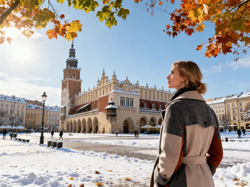 Kobieta w płaszczu podziwia Rynek Główny w Krakowie, a tło ukazuje zmienność pór roku od słonecznego lata po zimowy śnieg.